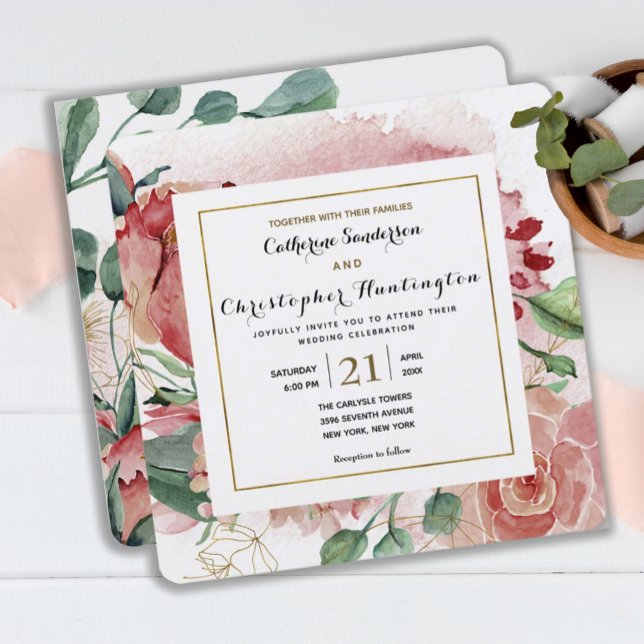 Elegant Blush Pink Floral Gold Frame Wedding Invitation (ELEGANT BLUSH PINK FLORAL SQUARE WEDDING INVITATION
)