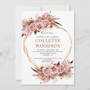 Elegant Blush Pink Floral Gold Glitter Birthday  Invitation