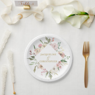 Elegant Blush Pink Floral Gold Script Wedding Paper Plate
