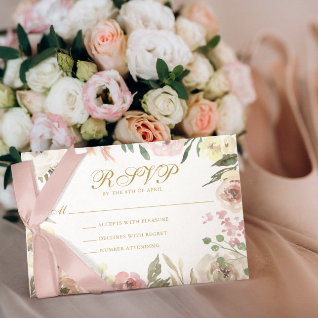 Elegant Blush Pink Floral Gold Script Wedding RSVP Card (Creator Uploaded)