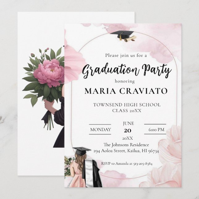 Elegant Blush Pink Floral Graduation Party Invitat Invitation (Front/Back)