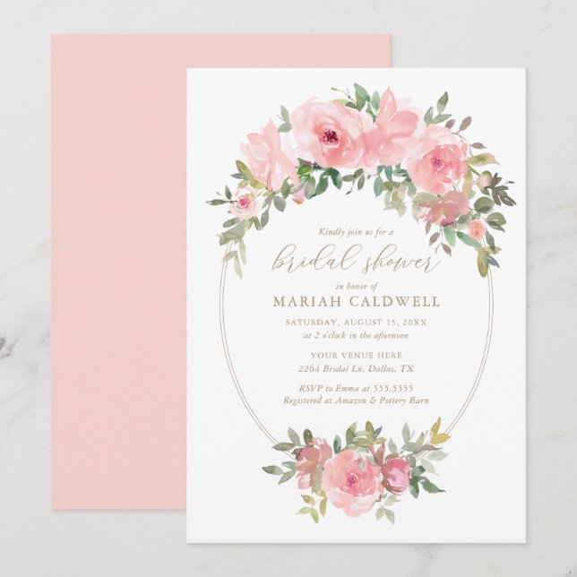 Elegant Blush Pink Floral Greenery Bridal Shower Invitation (Front/Back)