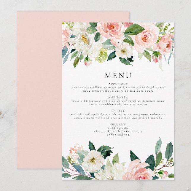 Elegant Blush Pink Floral Greenery Dinner Menu  Invitation (Front/Back)