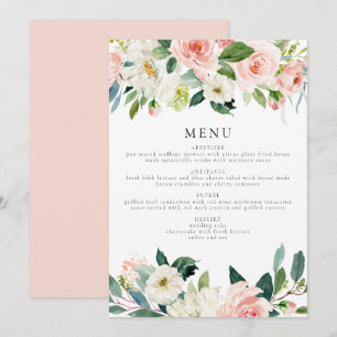 Elegant Blush Pink Floral Greenery Dinner Menu Invitation