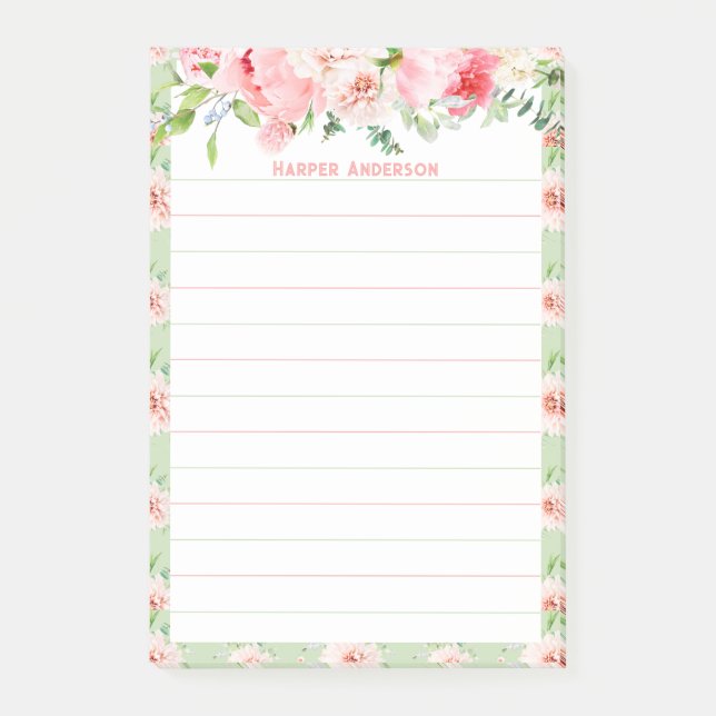 Elegant Blush Pink Floral | Lined Monogram Name Post-it Notes (Front)