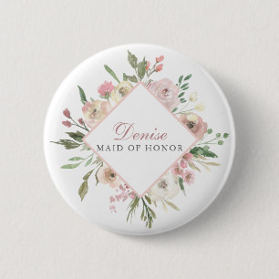 Elegant Blush Pink Floral Maid of Honour Name Tag 2 Inch Round Button