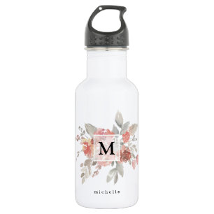 Elegant Blush Pink Floral Monogram 532 Ml Water Bottle