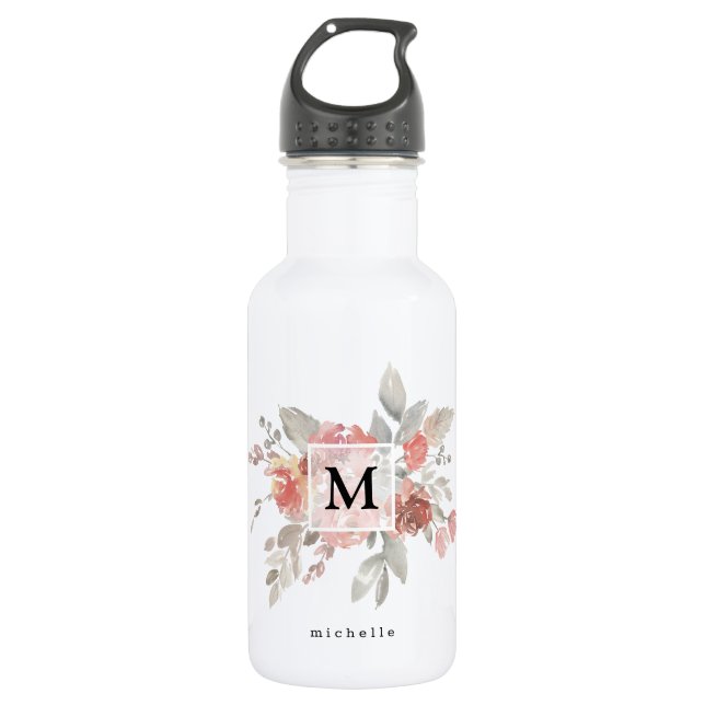 Elegant Blush Pink Floral Monogram 532 Ml Water Bottle (Front)