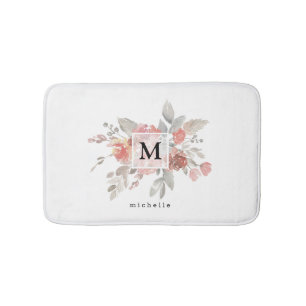 Elegant Blush Pink Floral Monogram Bath Mat