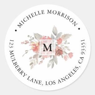 Elegant Blush Pink Floral Monogram Classic Round Sticker