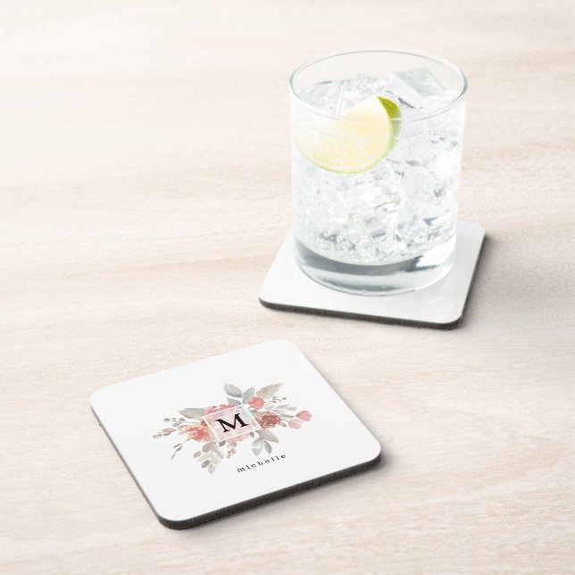 Elegant Blush Pink Floral Monogram Coaster (Right Side)