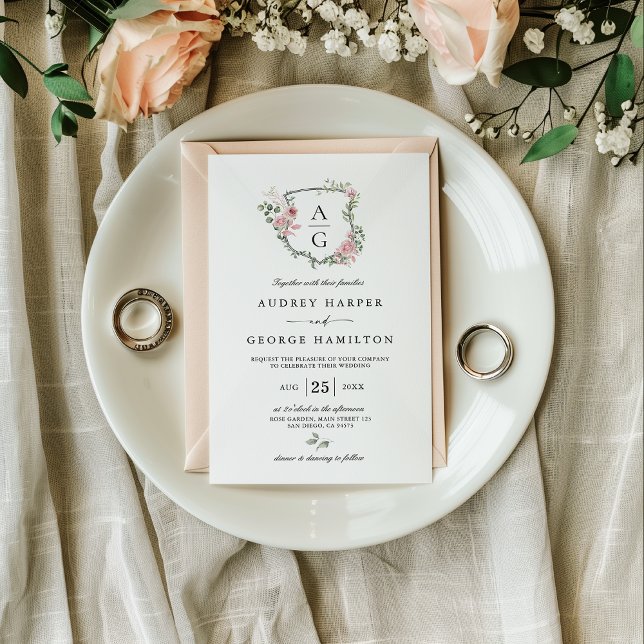 Elegant Blush Pink Floral Monogram Crest Wedding Invitation (Creator Uploaded)