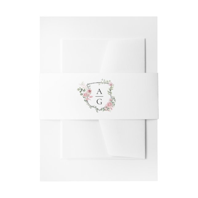 Elegant Blush Pink Floral Monogram Crest Wedding  Invitation Belly Band (Front Example)