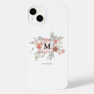 Elegant Blush Pink Floral Monogram iPhone 14 Plus Case