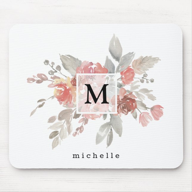 Elegant Blush Pink Floral Monogram Mouse Pad (Front)