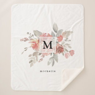 Elegant Blush Pink Floral Monogram Sherpa Blanket