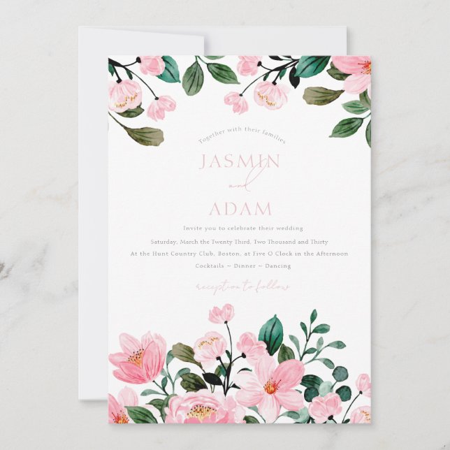 Elegant Blush Pink Floral Monogram Wedding Invitation (Front)