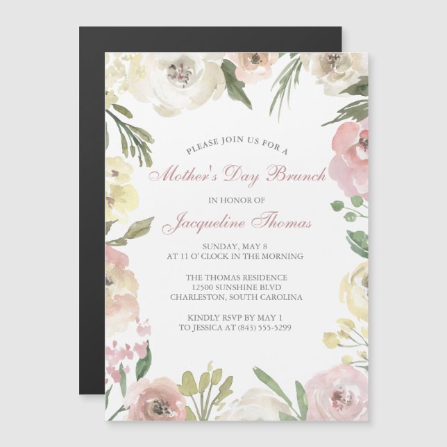 Elegant Blush Pink Floral Mother's Day Brunch Magnetic Invitation (Front/Back)