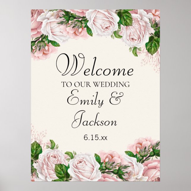 Elegant Blush Pink Floral on Cream Wedding Poster (Front)