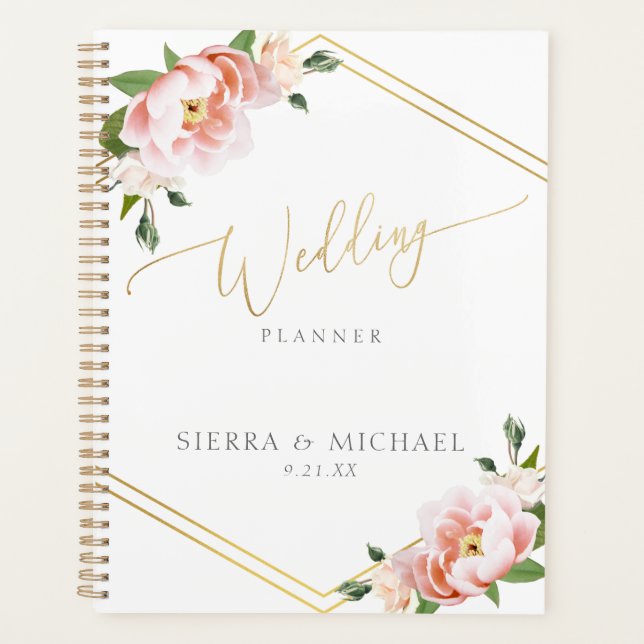 Elegant Blush Pink Floral Peony Gold Wedding Planner (Front)