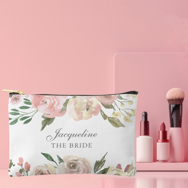 Elegant Blush Pink Floral Personalized Bride Accessory Pouch (Creator Uploaded)
