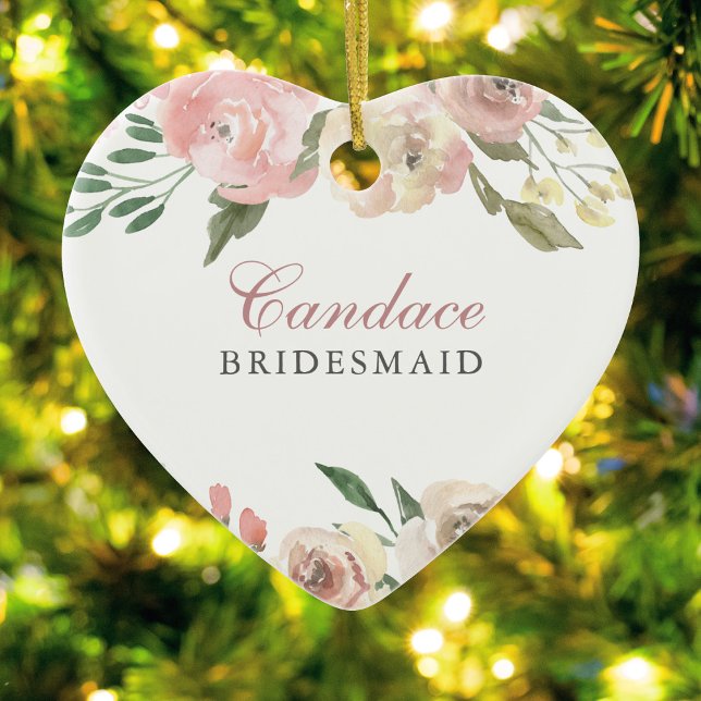 Elegant Blush Pink Floral Personalized Bridesmaid Ceramic Ornament (Creator Uploaded)