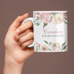 Elegant Blush Pink Floral Personalized Bridesmaid Coffee Mug<br><div class="desc">Elegant blush pink and ivory watercolor peony flowers frame the top and bottom of this lovely spring wedding mug for your bridal party. The sprigs of sage green leaves decorate in the midst of the peach floral peonies that surround your bridesmaid or maid of honour personalized name in calligraphy.</div>