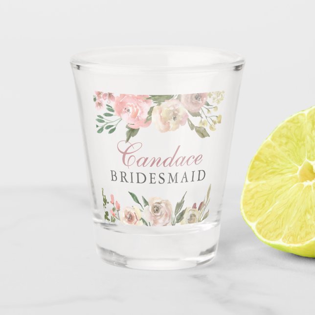 Elegant Blush Pink Floral Personalized Bridesmaid Shot Glass (Front)
