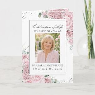 Elegant Blush Pink Floral Photo Funeral Memorial Program