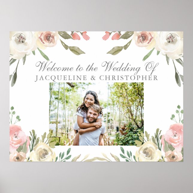 Elegant Blush Pink Floral Photo Garden Wedding Poster (Front)
