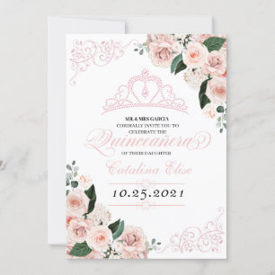 Elegant Blush Pink Floral Quinceanera Birthday Invitation