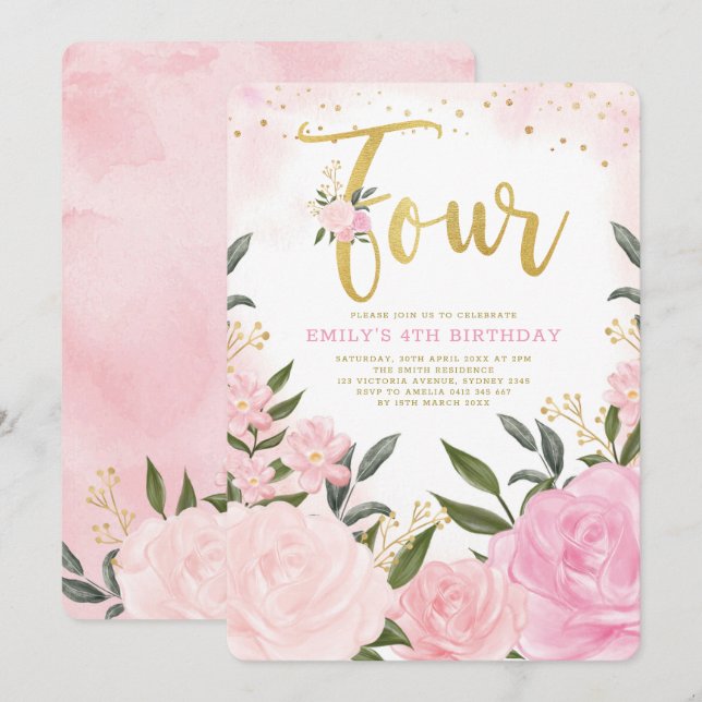 Elegant Blush Pink Floral Roses Girl 4th Birthday Invitation (Front/Back)