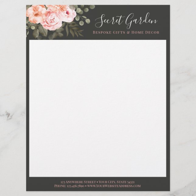 Elegant Blush Pink Floral Roses Modern Shabby Chic Letterhead (Front)