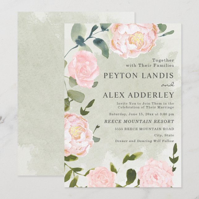 Elegant Blush Pink Floral Sage Green Wedding Invitation (Front/Back)