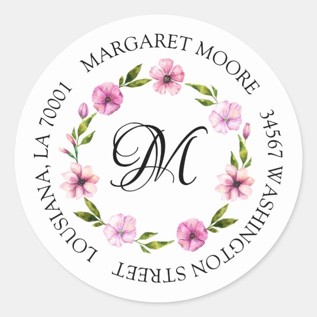 Elegant Blush Pink Floral Script Monogram Address Classic Round Sticker (Front)
