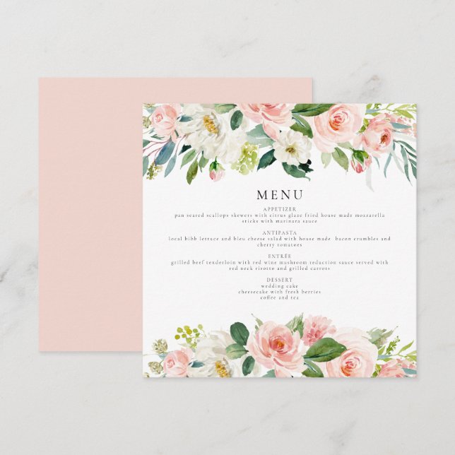 Elegant Blush Pink Floral Square Dinner Menu Card (Front/Back)