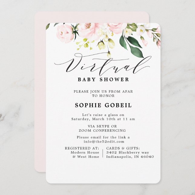 Elegant Blush Pink  Floral VIRTUTAL Baby Shower Invitation (Front/Back)