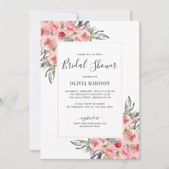 Elegant Blush Pink Floral Watercolor Bridal Shower Invitation (Front)