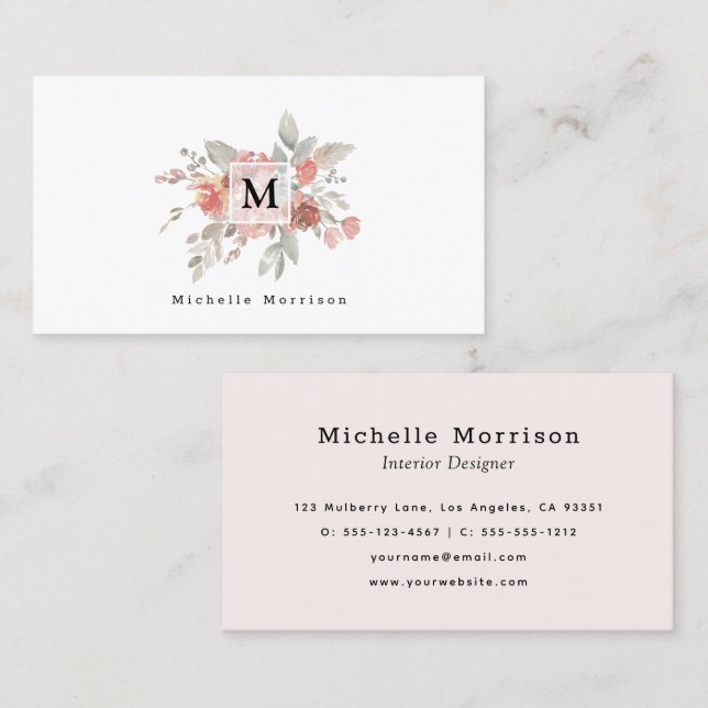 Elegant Blush Pink Floral Watercolor Monogram Business Card (Front/Back)