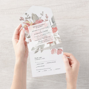 Elegant Blush Pink Floral Watercolor Wedding All In One Invitation