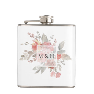 Elegant Blush Pink Floral Watercolor Wedding Hip Flask