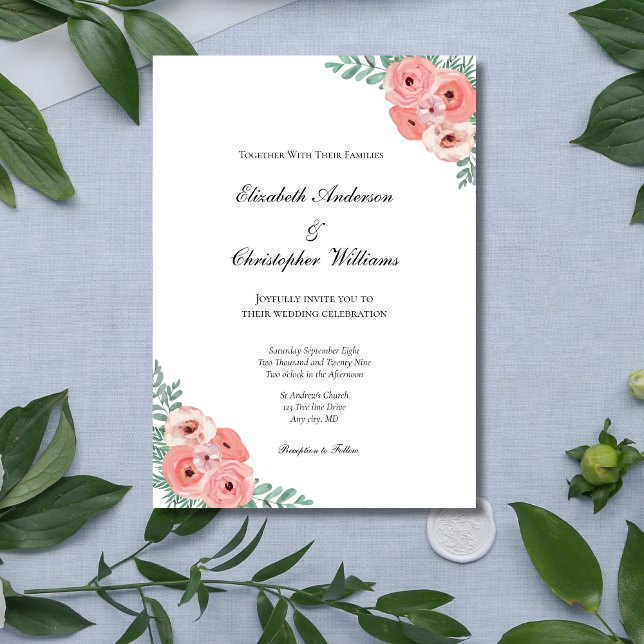 Elegant Blush Pink Floral Watercolor Wedding Invitation (Blush Pink Floral Greenery Watercolor Wedding invitation. Printed or Instant digital download)