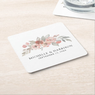 Elegant Blush Pink Floral Watercolor Wedding Square Paper Coaster