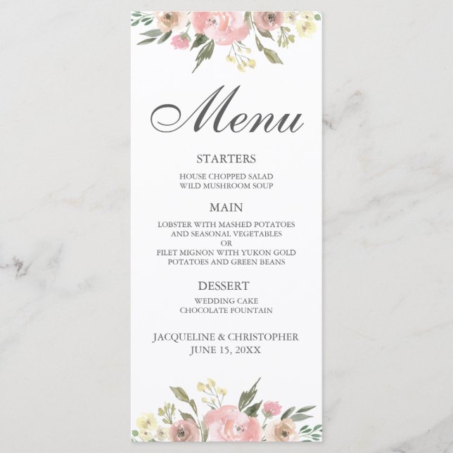 Elegant Blush Pink Floral Wedding 2 Sided Dinner Menu (Front)