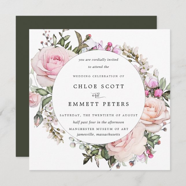 Elegant Blush Pink Floral Wedding Invitation (Front/Back)