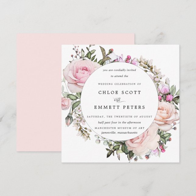 Elegant Blush Pink Floral Wedding Invitation (Front/Back)