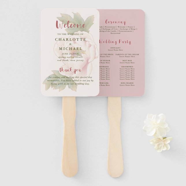 Elegant Blush Pink Floral Wedding Program  Hand Hand Fan (Front and Back)