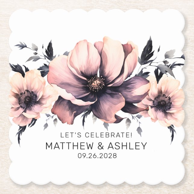 Elegant Blush Pink Floral Wedding Reception Paper Coaster (Front)