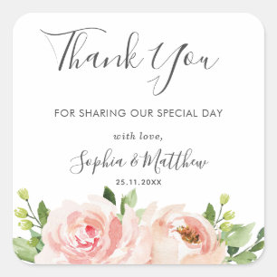 Elegant Blush Pink Floral Wedding Thank You Favor Square Sticker