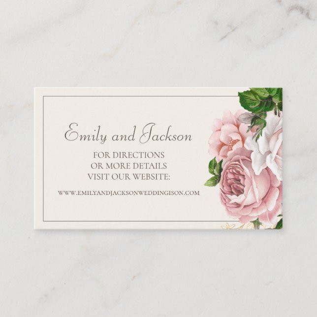 Elegant Blush Pink Floral Wedding Website Business Card (Front)